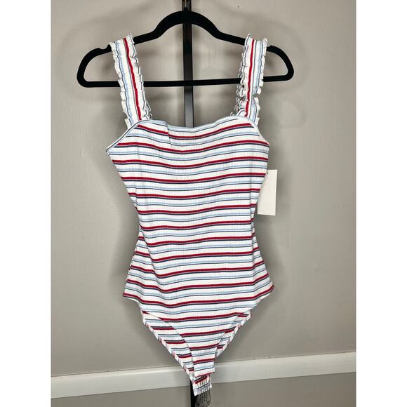 Heatherly Raina Striped Ruffle Strap Knit Bodysuit Multi Women's Size LP NWT - Picture 4 of 9